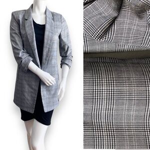 Rachel Zoe Gray Black Check Houndstooth Long Blazer Cinched Sleeves Career Sz M